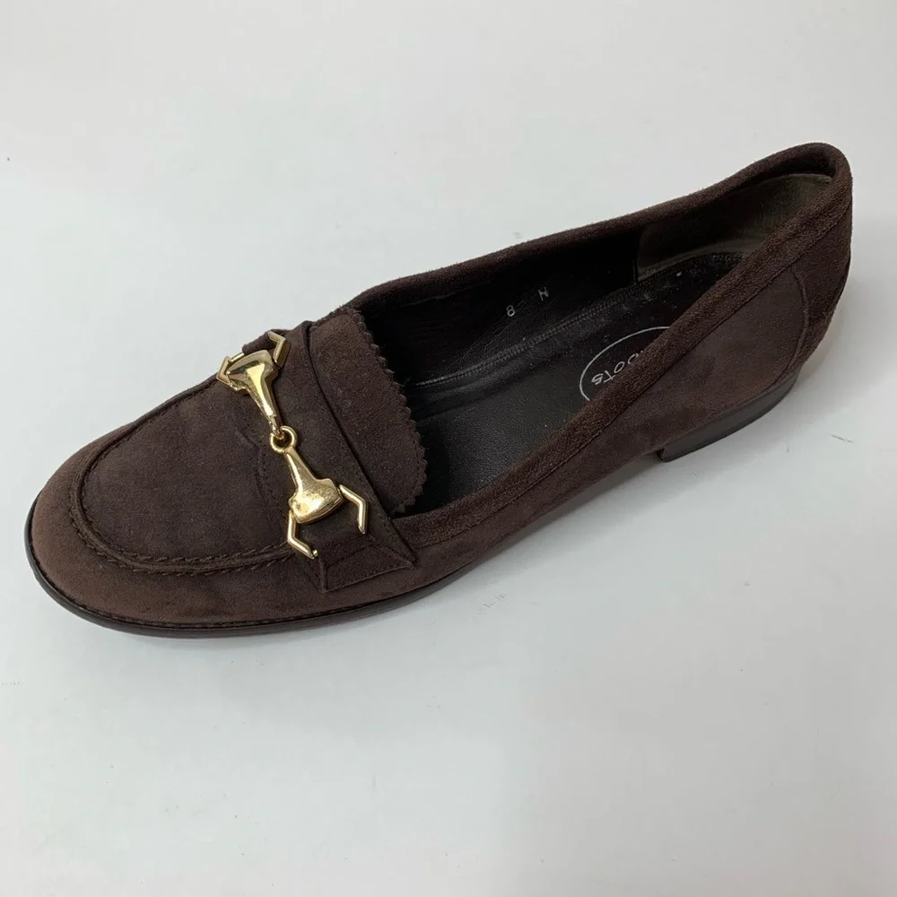 Talbots Women’s Brown Suede Flat Loafers With Gold Horse Bit Buckle Size 8 N